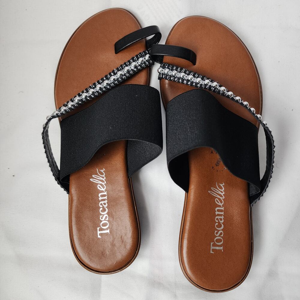 Toscanella Black slip-on flat Decorative Strap Silver Beading Size 8.5 Women